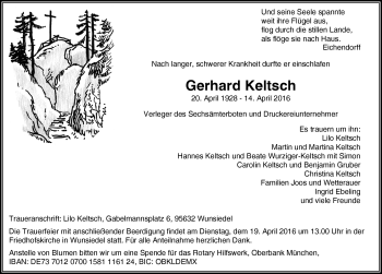 Traueranzeige von Gerhard Keltsch von Frankenpost