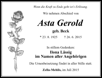 Traueranzeige von Asta Gerold von Südthüringer Presse