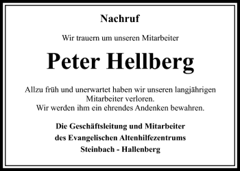 Traueranzeige von Peter Hellberg von Südthüringer Presse