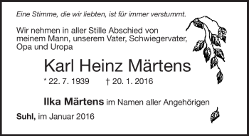 Traueranzeige von Karl Heinz Märtens von Südthüringer Presse