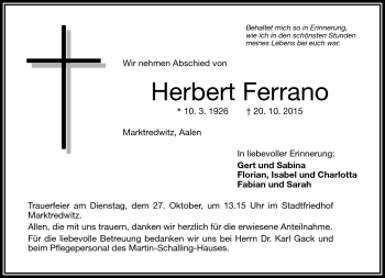 Traueranzeige von Herbert Ferrano von Frankenpost
