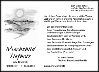 Traueranzeige von Mechthild Tiefholz von Südthüringer Presse