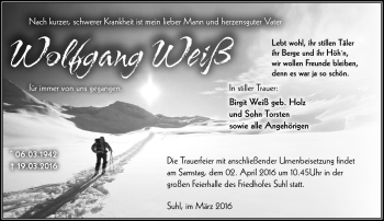 Traueranzeige von Wolfgang Weiß von Südthüringer Presse
