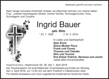 Traueranzeige von Ingrid Bauer von Neue Presse Coburg