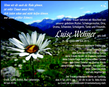Traueranzeige von Luise Wehner von Südthüringer Presse