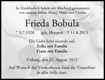 Traueranzeige von Frieda Bobula von Neue Presse Coburg