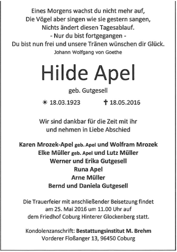 Traueranzeige von Hilde Apel von Neue Presse Coburg