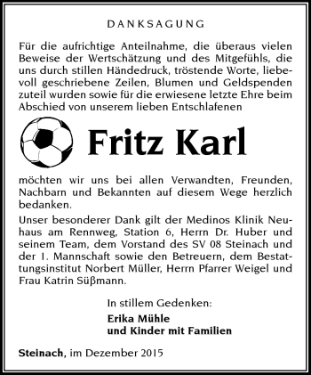 Traueranzeige von Fritz Karl von Südthüringer Presse