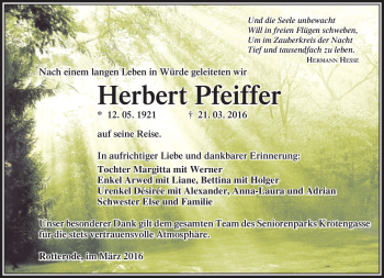 Traueranzeige von Herbert Pfeiffer von Südthüringer Presse