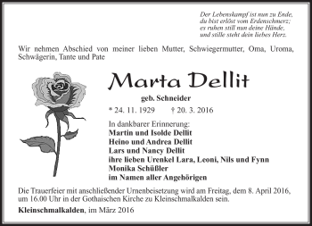 Traueranzeige von Marta Dellit von Südthüringer Presse