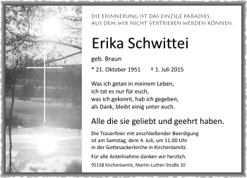 Traueranzeige von Erika Schwittei von Frankenpost