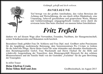 Traueranzeige von Fritz Treßelt von Südthüringer Presse