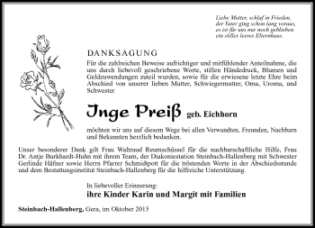 Traueranzeige von Inge Preiß von Südthüringer Presse