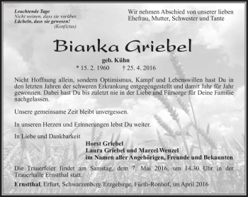 Traueranzeige von Bianka Griebel von Südthüringer Presse