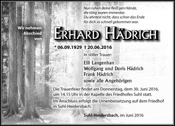 Traueranzeige von Erhard Hädrich von Südthüringer Presse