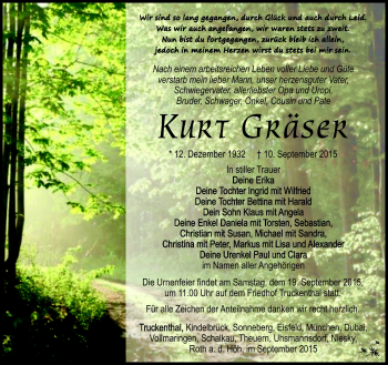 Traueranzeige von Kurt Gräser von Südthüringer Presse
