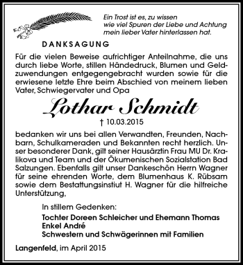 Traueranzeige von Lothar Schmidt von Südthüringer Presse