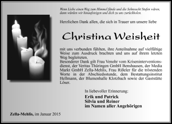 Traueranzeige von Christina Weisheit von Südthüringer Presse