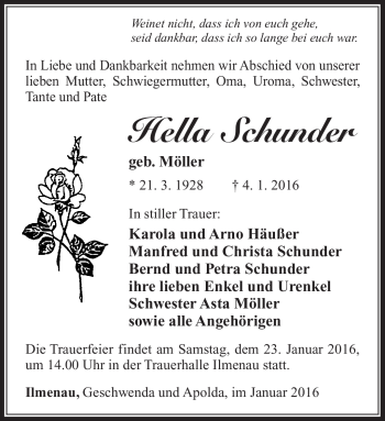 Traueranzeige von Hella Schunder von Südthüringer Presse