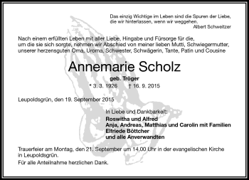 Traueranzeige von Annemarie Scholz von Frankenpost