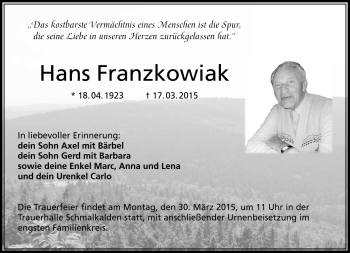 Traueranzeige von Hans Franzkowiak von Südthüringer Presse