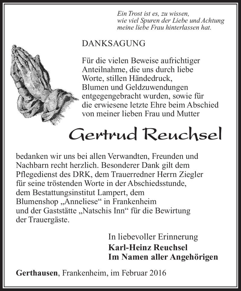  Traueranzeige für Gertrud Reuschel vom 27.02.2016 aus Südthüringer Presse