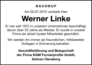 Traueranzeige von Werner Linke von Südthüringer Presse