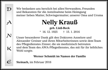 Traueranzeige von Nelly Krauß von Südthüringer Presse