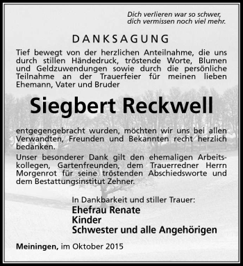 Traueranzeige von Siegbert Reckwell von Südthüringer Presse