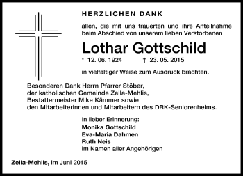 Traueranzeige von Lothar Gottschild von Südthüringer Presse