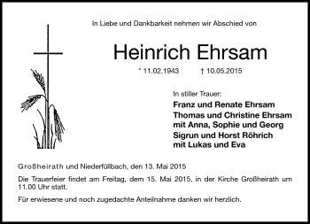 Traueranzeige von Heinrich Ehrsam von Neue Presse Coburg
