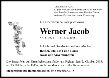 Traueranzeige von Werner Jacob von Südthüringer Presse
