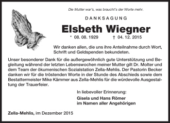Traueranzeige von Elsbeth Wiegner von Südthüringer Presse