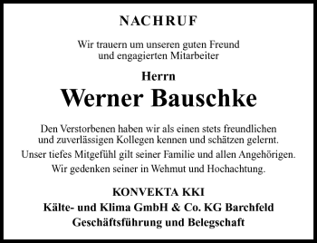 Traueranzeige von Werner Bauschke von Südthüringer Presse