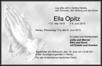 Traueranzeige von Ella Opitz von Frankenpost