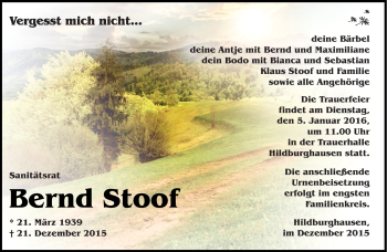 Traueranzeige von Bernd Stoof von Südthüringer Presse