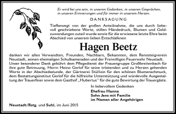 Traueranzeige von Hagen Beetz von Südthüringer Presse