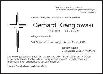 Traueranzeige von Gerhard Krenglowski von Frankenpost