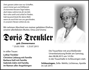 Traueranzeige von Doris Trenkler von Südthüringer Presse