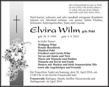 Traueranzeige von Elvira Wilm von Südthüringer Presse