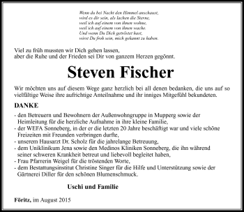 Traueranzeige von Stiven Fischer von Südthüringer Presse