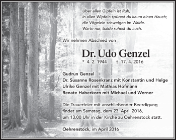 Traueranzeige von Dr. Udo Genzel von Südthüringer Presse