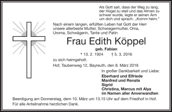 Traueranzeige von Edith Köppel von Frankenpost
