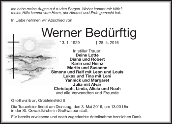 Traueranzeige von Werner Bedürftig von Neue Presse Coburg