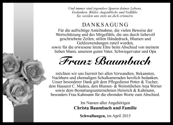 Traueranzeige von Franz Baumbach von Südthüringer Presse
