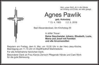Traueranzeige von Agnes Pawlik von Frankenpost