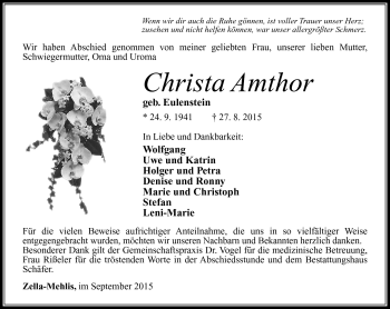 Traueranzeige von Christa Amthor von Südthüringer Presse