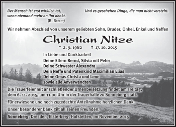 Traueranzeige von Christian Nitze von Südthüringer Presse