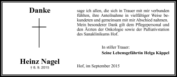 Traueranzeige von Heinz Nagel von Frankenpost