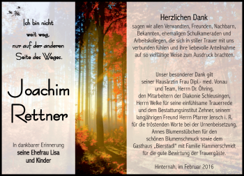 Traueranzeige von Joachim Rettner von Südthüringer Presse